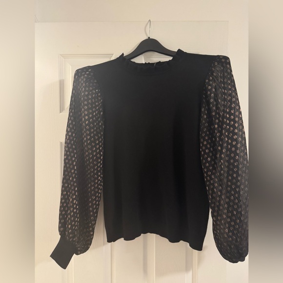 Adrianna Papell Sweaters - Black Mockneck Sweater with Sheer Polka Dot Sleeves